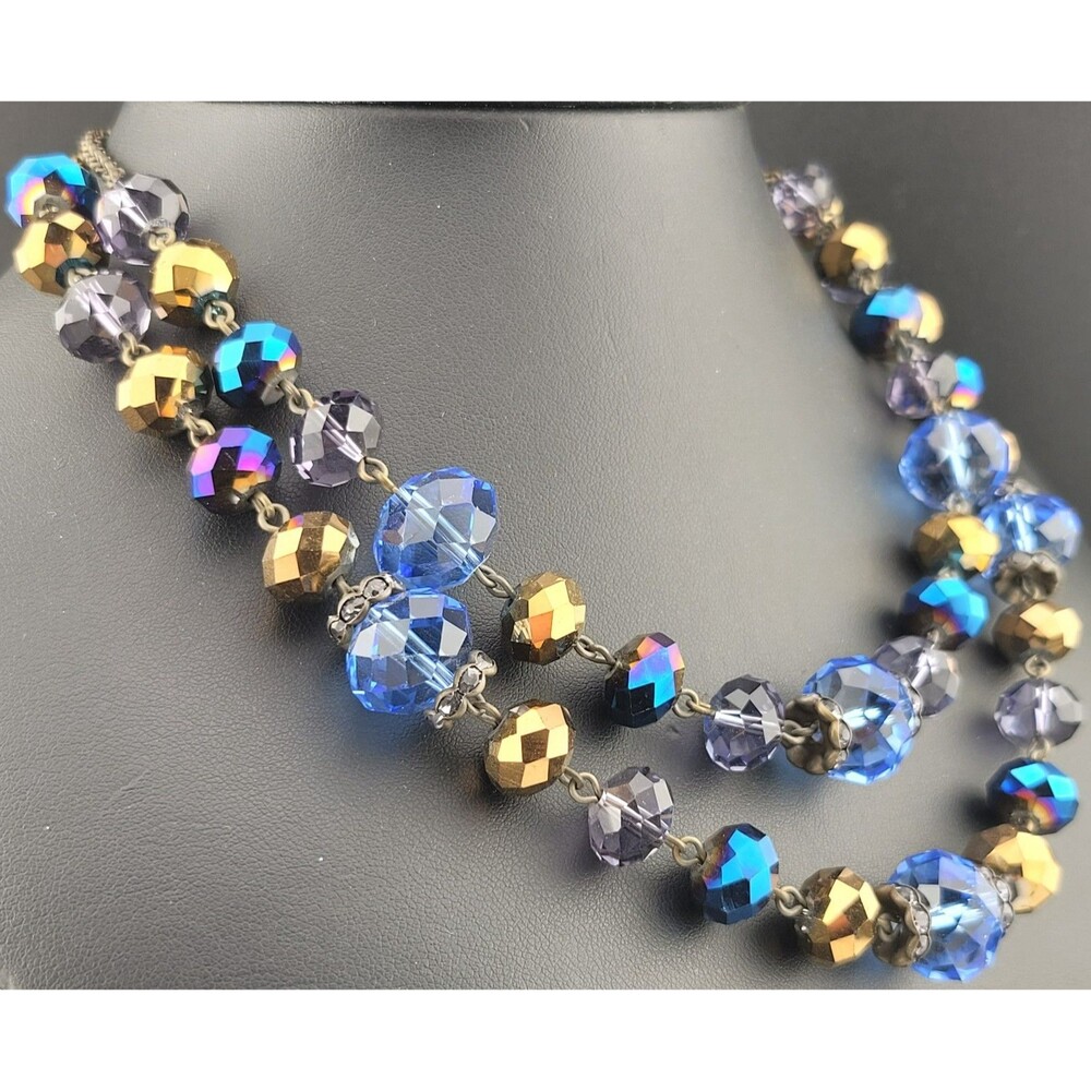 Crown Trifari Blue Purple Gold Glass Crystal Tarnished Brass Chain 18" Necklace